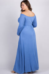 PinkBlush Light Blue Solid Off Shoulder Plus Maternity Maxi Dress