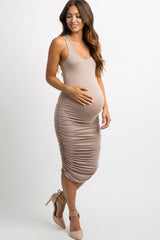 Mocha Solid Ruched Fitted Maternity Bodycon Midi Dress