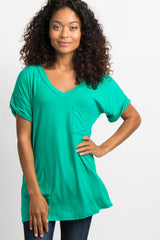 Green V-Neck Pocket Accent Top