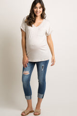 Beige Solid Pocket Maternity Top