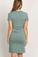 PinkBlush Light Olive Ruffle Neckline Ruched Maternity Dress
