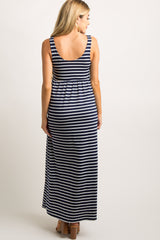 Navy Blue Striped Sleeveless Maternity Maxi Dress