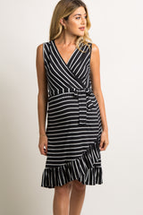 Black Striped Ruffle Hem Waist Tie Maternity Wrap Dress
