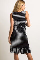 Black Striped Ruffle Hem Waist Tie Maternity Wrap Dress