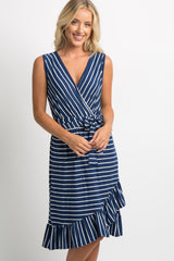 Navy Striped Ruffle Hem Waist Tie Wrap Dress