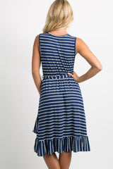 Navy Striped Ruffle Hem Waist Tie Wrap Dress