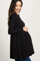 Black Solid Long Sleeve Peplum Maternity Top