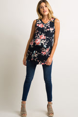 PinkBlush Navy Blue Floral Pleated Front Maternity Tank Top