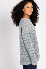 Grey Striped Knit Long Sleeve Sweater
