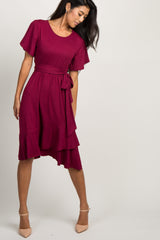 Burgundy Solid Flounce Trim Maternity Dress