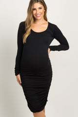 Black Ruched Long Sleeve Maternity Dress