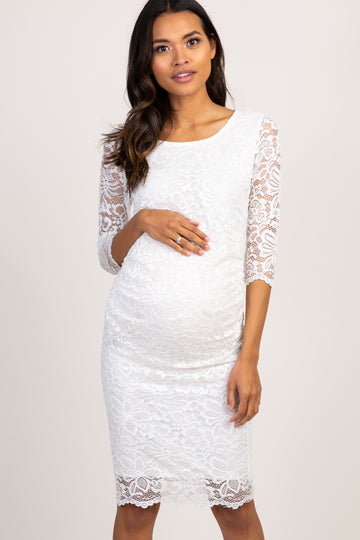 Ivory Lace Fitted 3/4 Sleeve Maternity Dress
