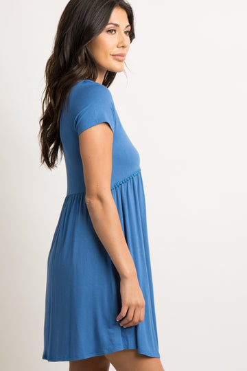 PinkBlush Blue Solid Crochet Trim Shift Dress