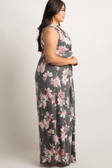 Charcoal Grey Floral Sleeveless Knot Front Plus Maxi Dress