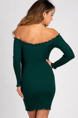 Green Ribbed Lettuce Edge Off Shoulder Dress
