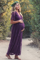 PinkBlush Plum Lace Mesh Overlay Maternity Maxi Dress