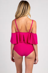 Fuchsia Ruffle Trim Ruched One-Piece Maternity Swimsuit