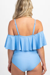 Light Blue Ruffle Trim Ruched One-Piece Maternity Swimsuit