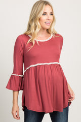 Rust Crochet Accent Bell Sleeve Maternity Babydoll Top