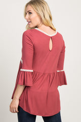 Rust Crochet Accent Bell Sleeve Maternity Babydoll Top