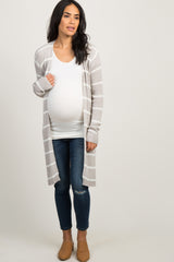 Grey Striped Knit Long Maternity Cardigan