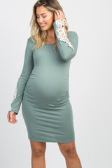 PinkBlush Dusty Sage Crochet Sleeve Ruched Maternity Dress