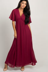 Burgundy Chiffon Bell Sleeve Maternity Maxi Dress