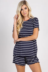 Navy Blue Striped Ruffle Trim Pajama Set