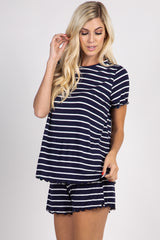 Navy Blue Striped Ruffle Trim Pajama Set