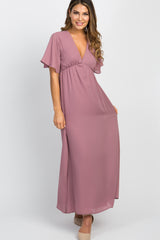 Dark Mauve Chiffon Bell Sleeve Maternity Maxi Dress