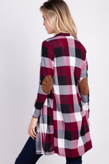 PinkBlush Burgundy Plaid Elbow Patch Long Sleeve Cardigan