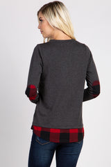 PinkBlush Charcoal Grey Solid Plaid Accent Long Sleeve Top