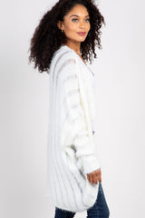 White Fuzzy Ribbed Knit Draped Cardigan