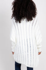 White Fuzzy Ribbed Knit Draped Cardigan