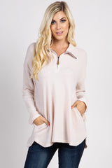 Beige Half Zipper Knit Maternity Sweater