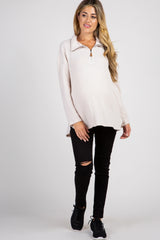 Beige Half Zipper Knit Maternity Sweater