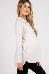 Beige Half Zipper Knit Maternity Sweater