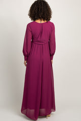 Magenta Chiffon Long Sleeve Pleated Maternity Maxi Dress
