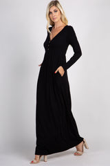 Black Solid Button Front Maxi Dress