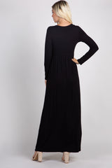 Black Solid Button Front Maxi Dress