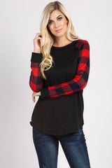 PinkBlush Red Solid Long Plaid Sleeve Top
