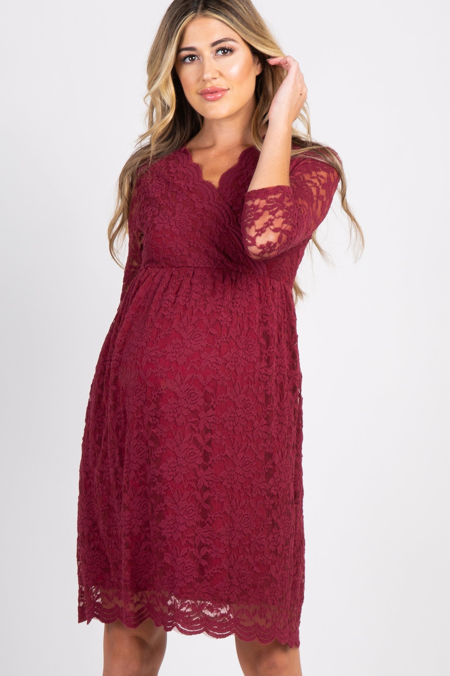 PinkBlush Burgundy Lace Overlay Maternity Wrap Dress