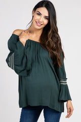 Forest Green Embroidered Sleeve Off Shoulder Maternity Top