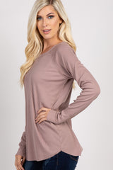 Mocha Solid Ribbed Long Sleeve Top