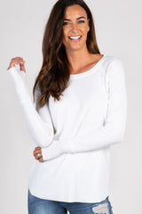 White Solid Ribbed Long Sleeve Top