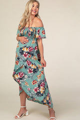 PinkBlush Sage Green Floral Off Shoulder Smocked Maternity Wrap Dress