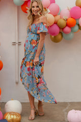Light Blue Floral Off Shoulder Smocked Maternity Wrap Dress