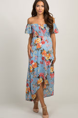 Light Blue Floral Off Shoulder Smocked Maternity Wrap Dress