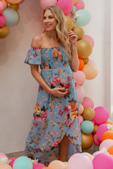 Light Blue Floral Off Shoulder Smocked Maternity Wrap Dress