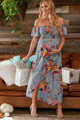 Light Blue Floral Off Shoulder Smocked Maternity Wrap Dress